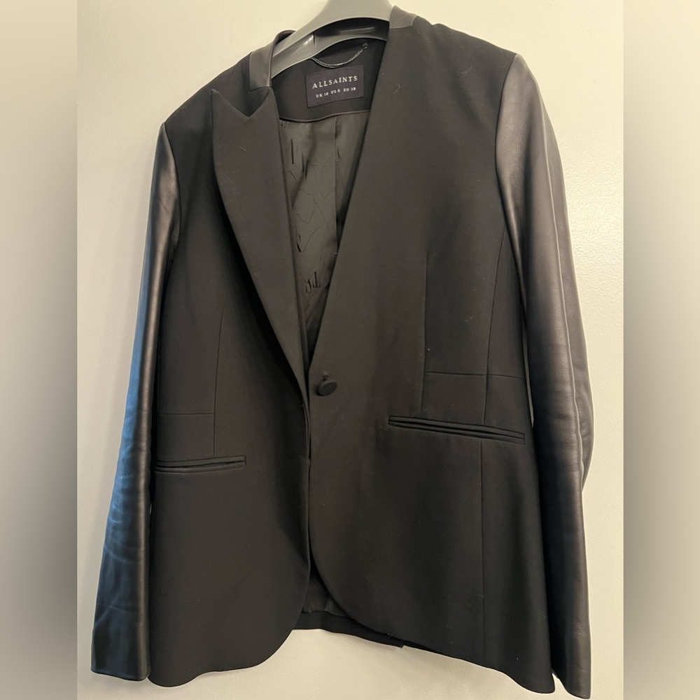 All Saints Womens's Leigh Lea Black Leather Sleeve Blazer